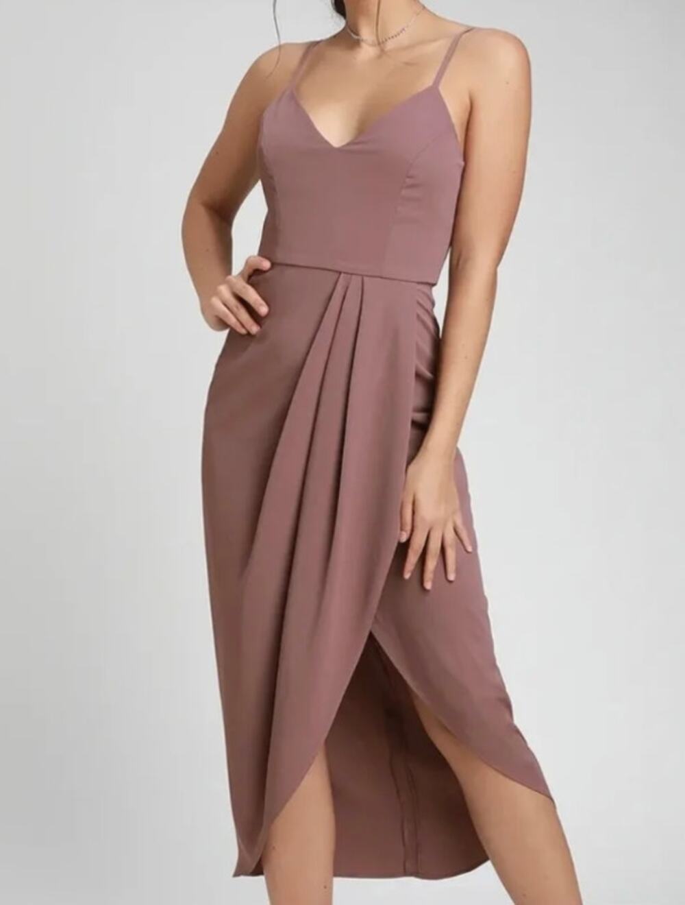 nwt Lulus Reinette Mauve Midi Cocktail Dress size M Faux wrap Spaghetti Strap